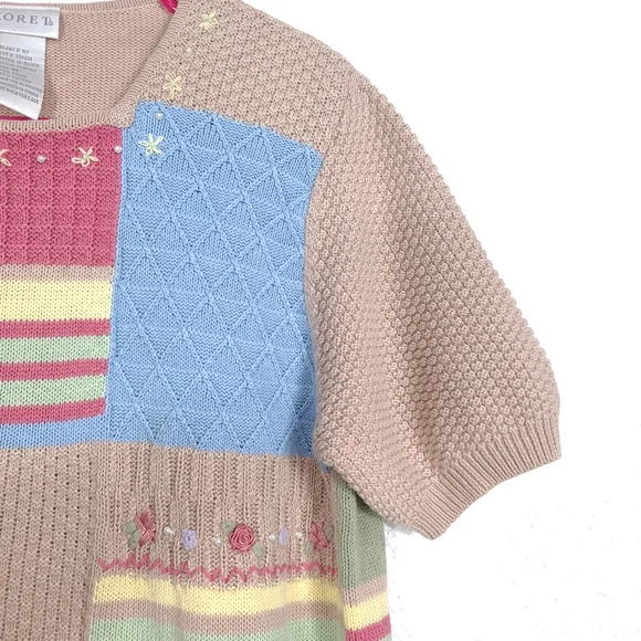 Koret Vintage Patchwork Knit Blouse – Cottagecore Grandmacore Top – Pink & Cream - Picture 11 of 13